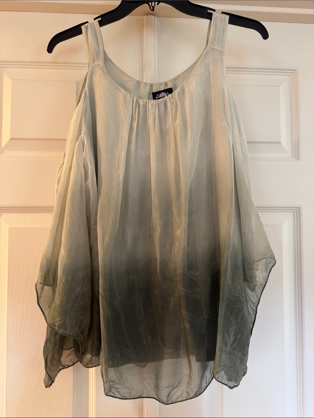 Le Marais Paris Cold Shoulder Flowy Ombre Blouse, Size L, Color Sage Green/Gray